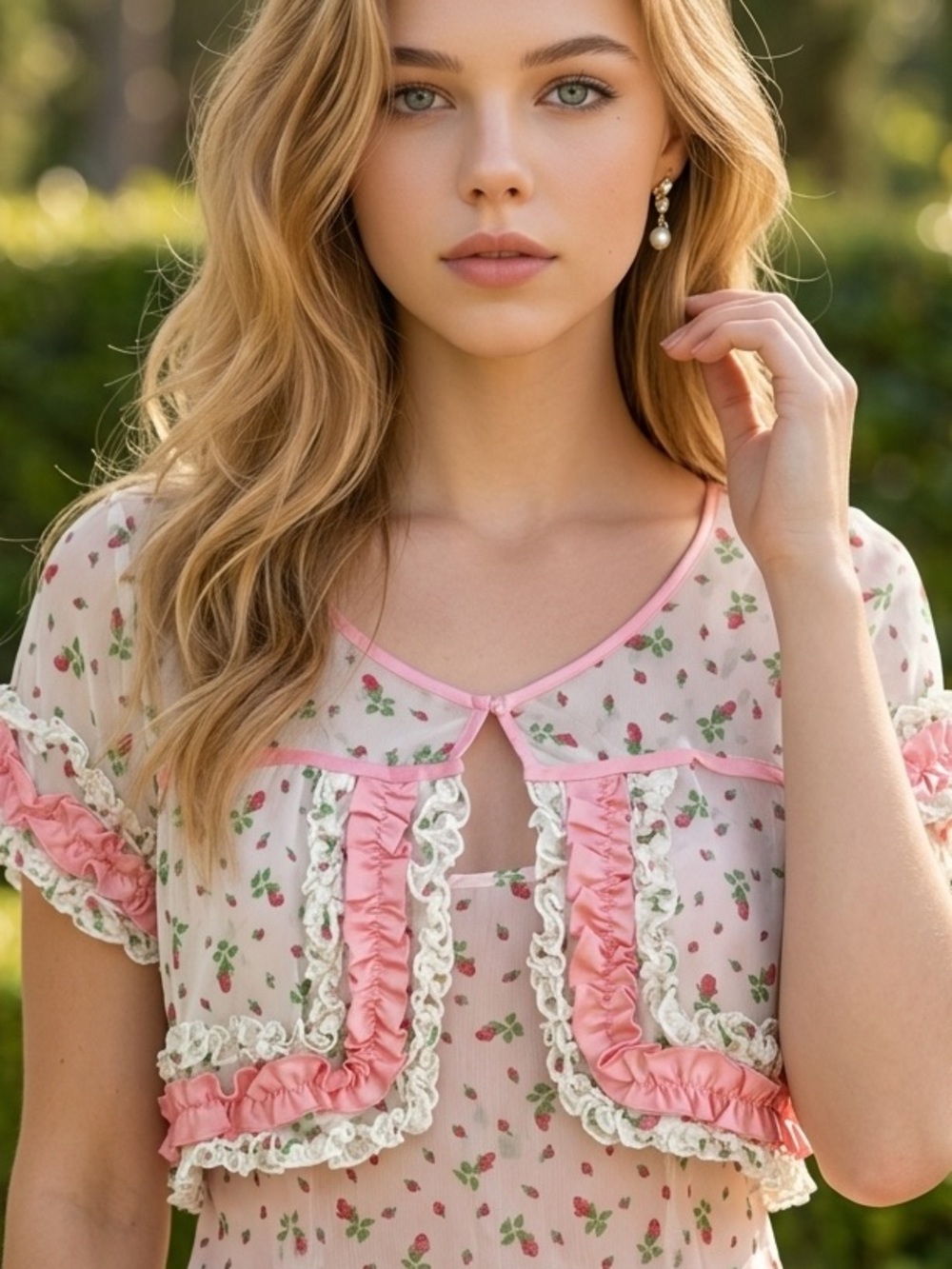 BETSEY JOHNSON SATIN PINK & WHITE FLORAL SHEER CROPPED BOLERO